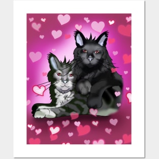 Black maine coon cat brothers with pink hearts Posters and Art